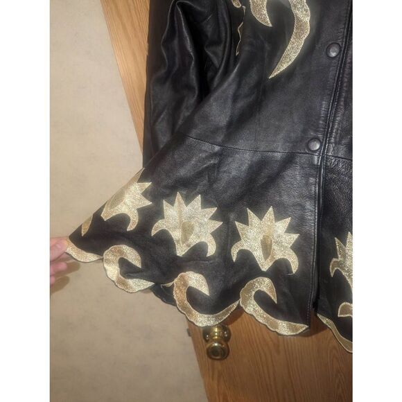 Vintage 80s Man Art Gold Embroidered Black Leather Jacket - Picture 11 of 12